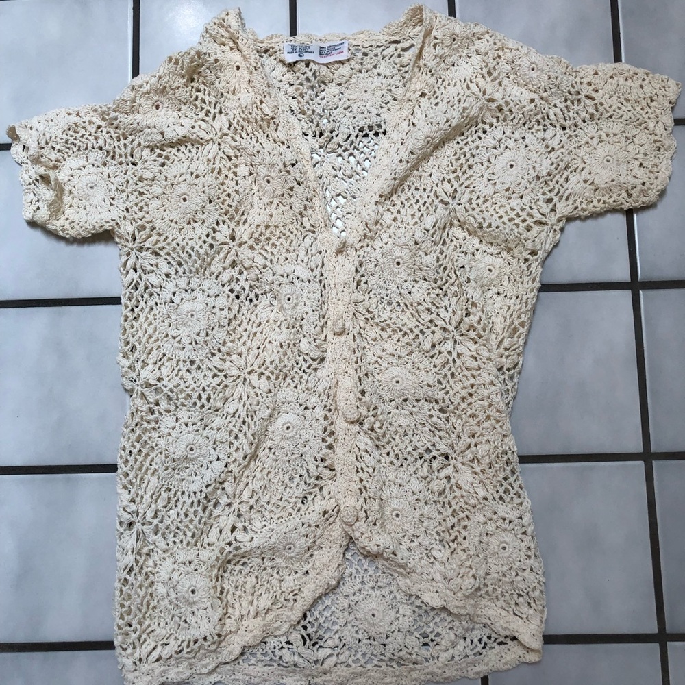 1970’s Vintage Crocheted Openwork Cardigan in Cream